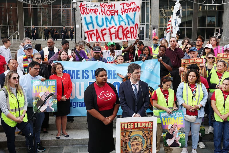 Simon Sandoval-Moshenberg (R), the attorney for Kilmar Abrego Garcia speaks to members of the media alongside Lydia Walther Rodríguez (L) of CASA, outside a U.S. Immigration and Customs Enforcement (ICE) field office on August 25, 2025 in Baltimore, Maryland. Three days after being released, Garcia has been detained again, as the U.S. Government is threatening to deport Garcia, a Maryland construction worker from El Salvador, to Uganda after he rejected a plea deal to be charged with Human Smuggling and deported to Costa Rica. Earlier this year Garcia was wrongfully deported to a notorious anti-terrorism prison CECOT in El Salvador.  (Photo by Anna Moneymaker/Getty Images)