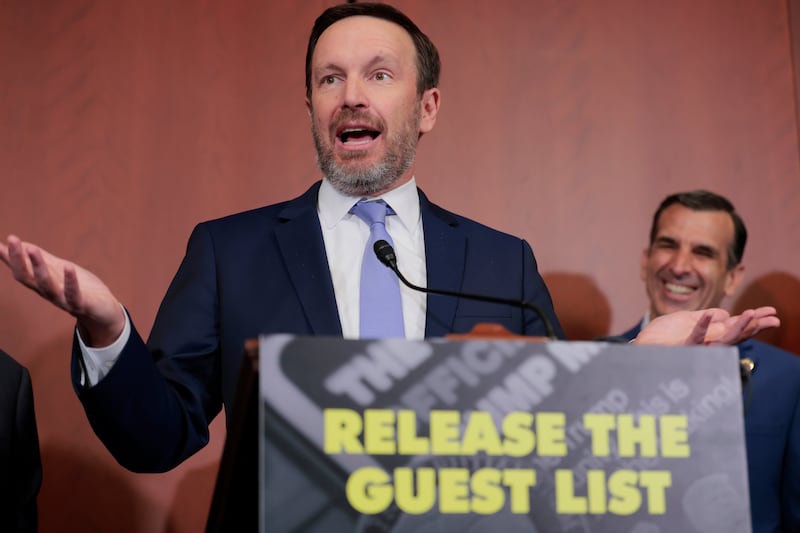 Democratic Senator Chris Murphy speaking at a news conference on May 22, 2025 where Democrats and ethics experts called on Trump to release the guest list of top $TRUMP meme coin holders attending a private dinner with him at his golf club.