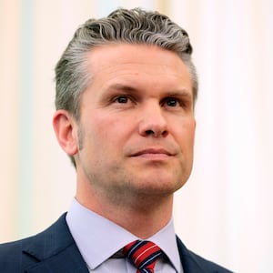 Secretary of Defense Peter Hegseth listens as U.S. President Donald Trump delivers remarks in the Oval Office of the White House on March 21, 2025 in Washington, DC.