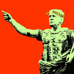 A photo illustration shows Donald Trump's head on a statue of Julius Ceasar