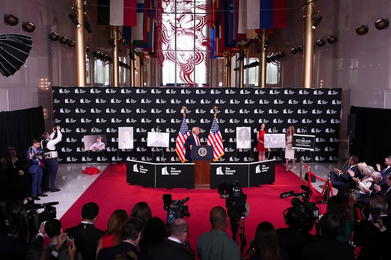 President Donald Trump announces nominees for the annual Kennedy Center Honors (L-R) Country music artist George Strait, actor Michael Crawford, actor Sylvester Stallone, singer Gloria Gaynor and members of the rock band Kiss during an event at the Kennedy Center on August 13, 2025 in Washington, DC.