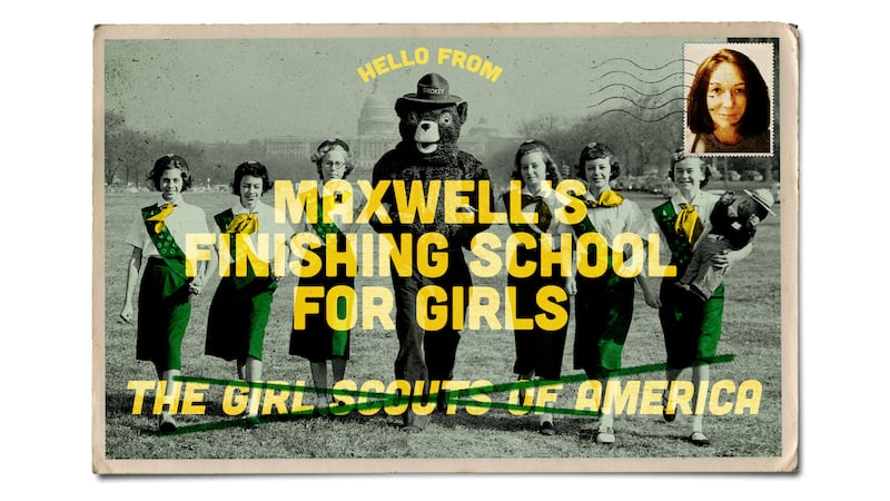 Vintage inspired postcard showing girl scouts being renamed "maxwell's finishing school for girls" and a stamp of ghislaine maxwell