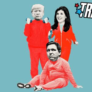 Photo illustration of Nikki Haley, Donald Trump, and Ron DeSantis in red exercise tracksuits