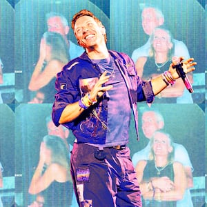 A photo illustration of Christ Martin performing with Coldplay and the tech CEO caught on the kiss cam during a concert.