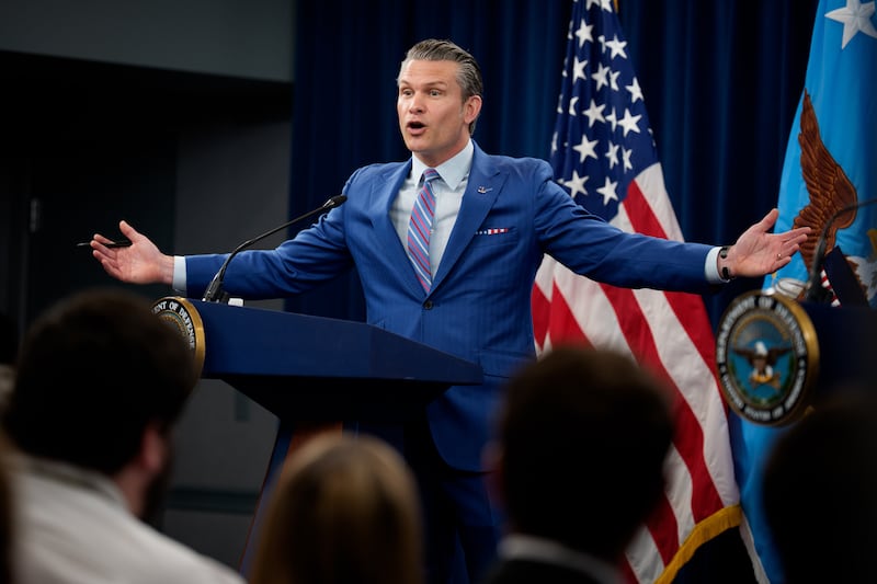 Defense Secretary Pete Hegseth gestures wildly at a confrontational press conference at the Pentagon on June 26, 2025 where he slammed the media for asking questions about the intelligence on the U.S. Iran strikes.