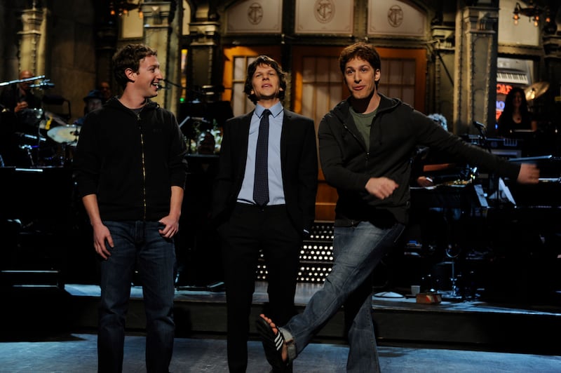 (L-R) Mark Zuckerberg, Jesse Eisenberg, and Andy Samberg on “Saturday Night Live” in 2011.