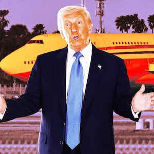 A photo illustration of President Donald Trump standing in front of a Qatari Boeing 747 in Palm Beach, Florida.
