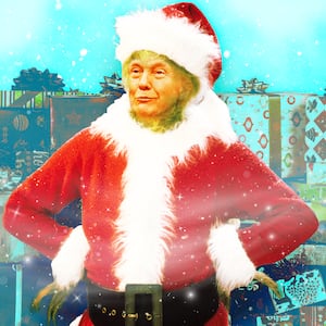 A photo illustration of President Donald Trump as the Grinch and Christmas presents.
