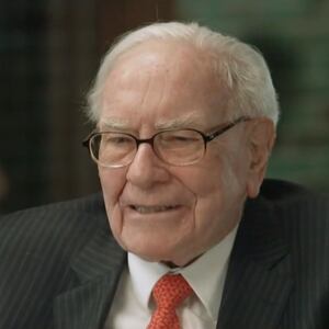 A close-up shot of Warren Buffett speaking to CBS.