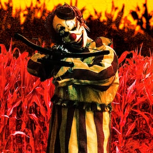 A photo illustration of Frendo the Clown in Clown in a Cornfield.