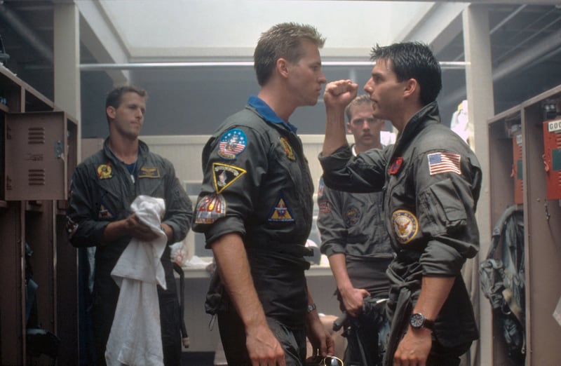 American actors Val Kilmer and Tom Cruise on the set of Top Gun, directed by Tony Scott. (Photo by Paramount Pictures/Sunset Boulevard/Corbis via Getty Images)