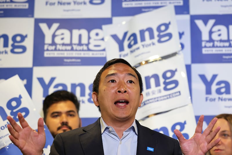 NEW YORK, NEW YORK - JUNE 21: New York City mayoral candidate Andrew Yang speaks during a press conference with Assembly Member Simcha Eichenstein on June 21, 2021 in the Bensonhurst neighborhood of Brooklyn borough in New York City. At his second event of the day on the eve of New York City Primary Election Day, Yang held a press conference before canvassing and making a last pitch to voters with Eichenstein and the New Era Dems in Brooklyn. (Photo by Michael M. Santiago/Getty Images)