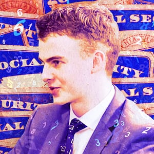 A photo illustration of Edward “Big Balls” Coristine on a background of Social Security cards and floating numbers.