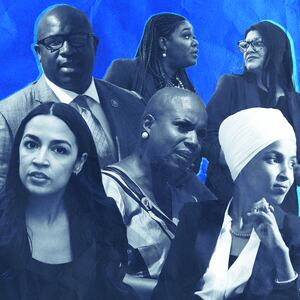 A photo illustration of AOC, Rashida Tlaib, Jamaal Bowman, Cori Bush, and Ayanna Pressley.