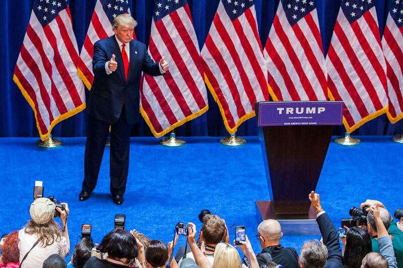 Donald Trump makes his way off stage after announcing his candidacy for the presidency at Trump Tower on June 16, 2015 in New York City.