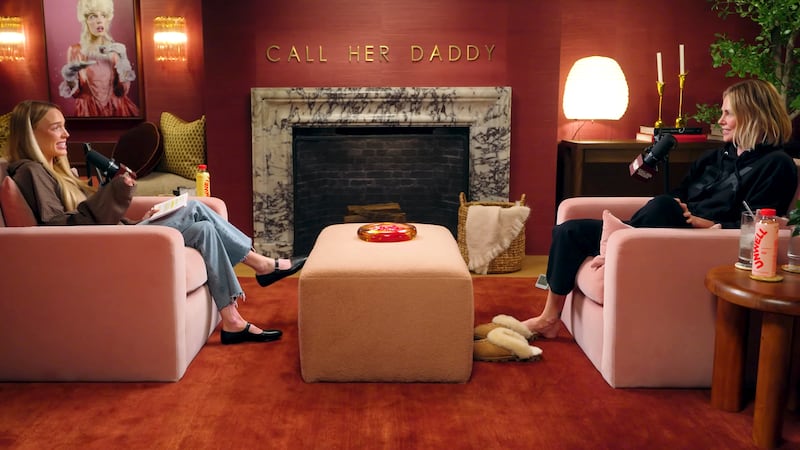 Alex Cooper and Charlize Theron on Call Her Daddy podcast.