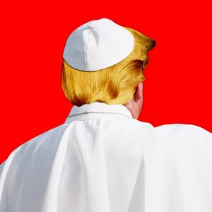 Donald Trump wearing the papal ordinary dress and waving
