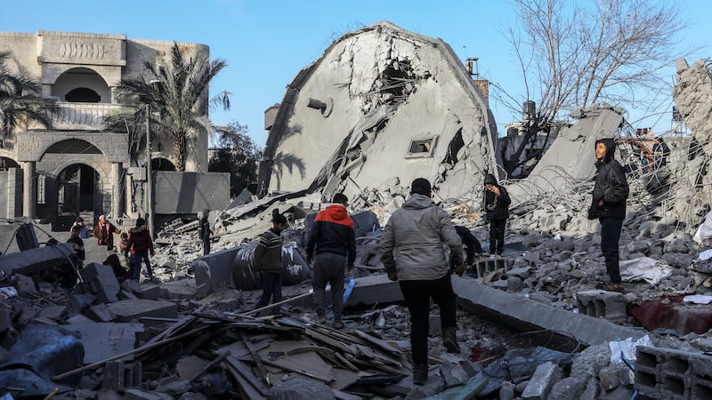 A photo including several buildings collapsed or heavily damaged after an Israeli bombing.