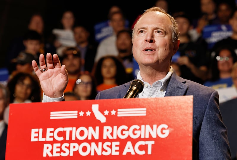 U.S. Sen. Adam Schiff (D-CA) speaks about the “Election Rigging Response Act” at a press conference at the Democracy Center, Japanese American National Museum on August 14, 2025 in Los Angeles, California.