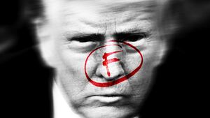 Donald Trump with a circled red "f" like a failing grade on homework over his face