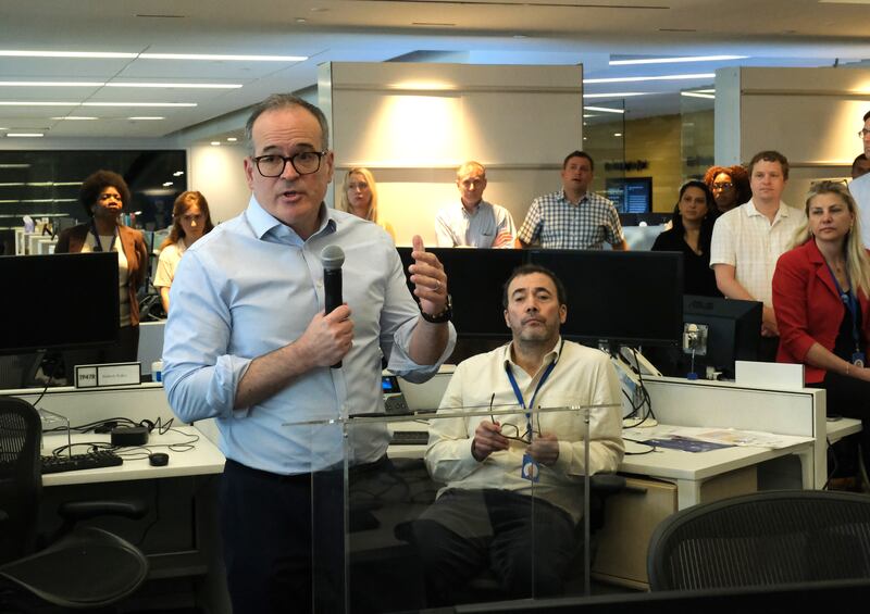 WASHINGTON, DC - JUNE 3: Matt Murray, named as a new top editor of The Washington Post via Getty Images, pledged Monday to lead a new era of innovation during a staff meeting Monday, June 3, 2024. The meeting that turned contentious when employees peppered publisher and CEO William Lewis with questions about the abrupt replacement of executive editor Sally Buzbee.
(Photo by Robert Miller/The Washington Post via Getty Images)