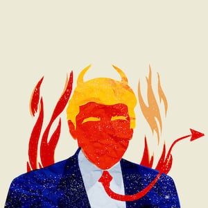 Illustration of Donald Trump with his red tie as a devil's tail and horns from his hair and fire behind him