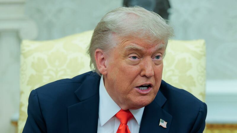 WASHINGTON, DC - JUNE 05: U.S. President Donald Trump delivers remarks during a meeting with German Chancellor Friedrich Merz in the Oval Office at the White House on June 05, 2025 in Washington, DC. Merz, who is visiting Washington for the first time since becoming Germany’s chancellor in May, is participating in an Oval Office meeting and working lunch with President Trump and is expected to discuss the conflict in Ukraine as well as tariffs and trade. (Photo by Anna Moneymaker/Getty Images)