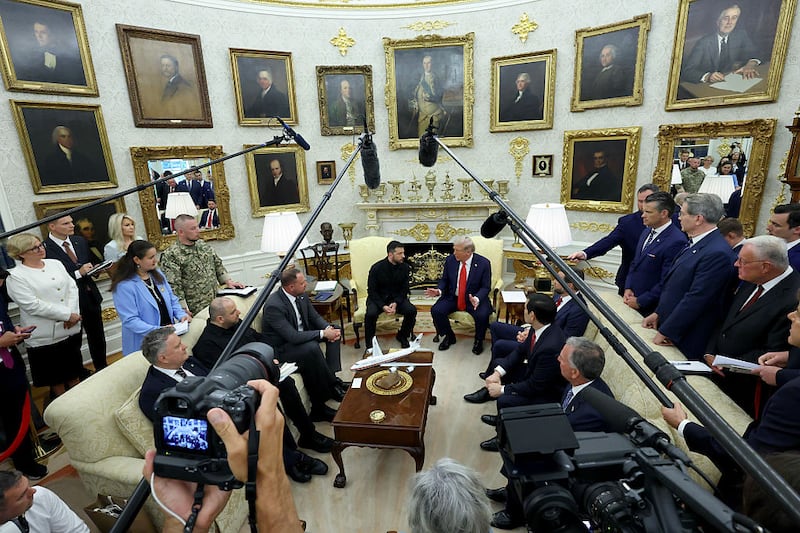 WASHINGTON, DC - AUGUST 18:  U.S. President Donald Trump meets with Ukrainian President Volodymyr Zelensky at the White House on August 18, 2025 in Washington, DC. President Trump is hosting President Zelensky in the Oval Office at the White House for a bilateral meeting and later an expanded meeting with European leaders to discuss a peace deal between Russia and Ukraine.  (Photo by Anna Moneymaker/Getty Images)