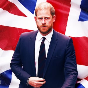 A photo illustration of Prince Harry in front of the Union Jack.