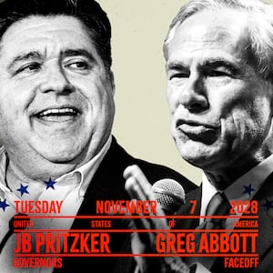 JB Pritzker and Gregg Abbott in a mock-boxing style poster
