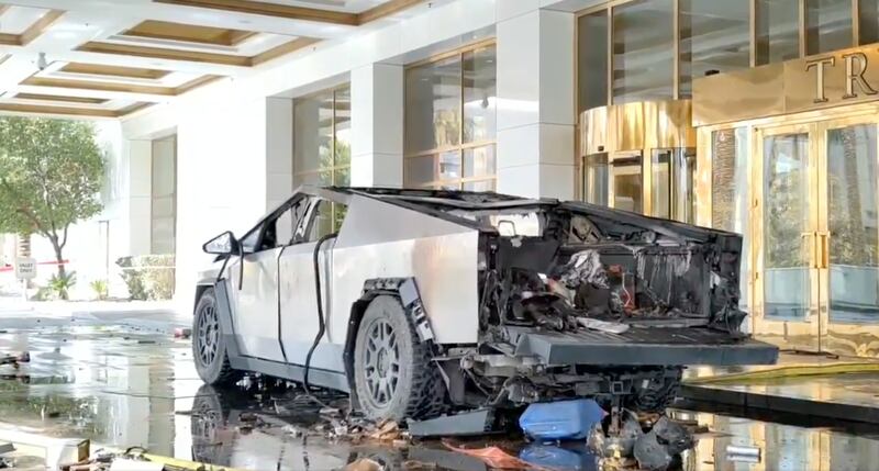 Police in Las Vegas release photos of burnt gas cans, fireworks and camping fuel in the trunk of a Tesla Cybertruck that exploded outside of the Trump International Hotel in Las Vegas.