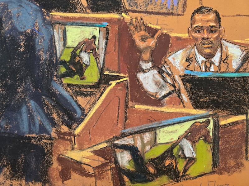 Prosecutor Christy Slavik (unseen) questions Israel Florez, a former security guard, about a video from a hotel at Sean "Diddy" Combs' sex trafficking trial.
