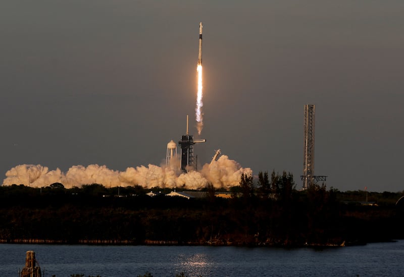 SpaceX's Falcon 9 rocket lifts off, carrying NASA's Crew-10 astronauts to the International Space Station at the Kennedy Space Center in Cape Canaveral, Florida.