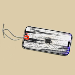 Photo illustrative gif of an iPhone as a price tag with a cracked and glitching screen