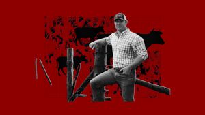 A photo illustration of Tim Sheehy with a grid and cattle illustrations.