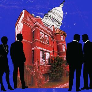 A photo illustration of a red brick townhouse in Washington DC and the US Capitol building.