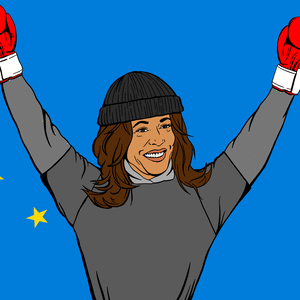Illustration of Kamala Harris as Rocky pumping her fists