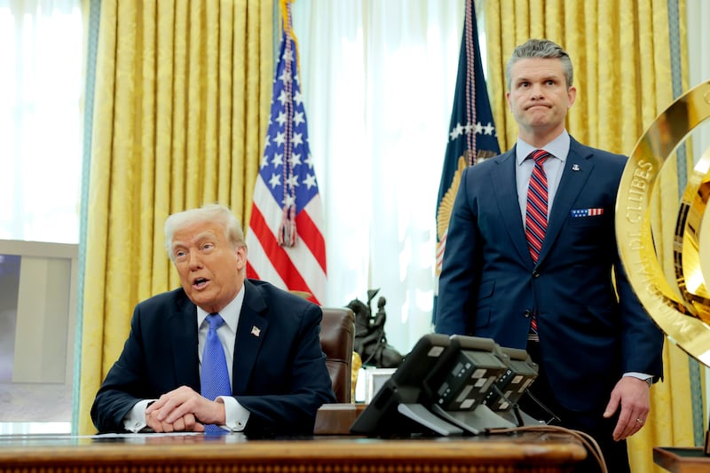 President Donald Trump speaks alongside U.S. Secretary of Defense Pete Hegseth in the Oval Office of the White House on March 21, 2025 in Washington, D.C.