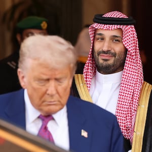 President Donald J. Trump leaves Saudi Royal Court with Saudi Crown Prince Mohammed bin Salman on May 13, 2025, in Riyadh, Saudi Arabia.