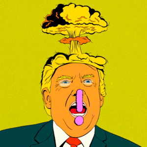 Illustration of Donald Trump with his hair as an explosion and curse symbols flashing over his mouth