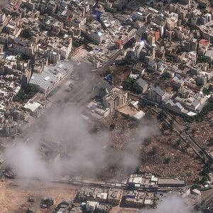 A photo including an overview of Al Ahli Hospital after explosion