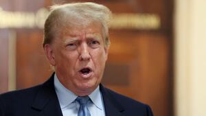 Former U.S. President Donald Trump delivers remarks after exiting the courtroom as he attends his Manhattan courthouse trial in a civil fraud case in New York, U.S., October 18, 2023.