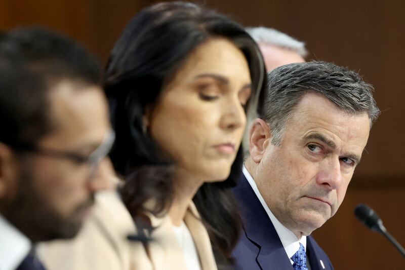 The trio of Donald Trump appointees—FBI Director Kash Patel (left), Director of Intelligence Tulsi Gabbard (center), CIA Director John Ratcliffe (right)—appeared uncomfortable at times in Tuesday’s hearing.