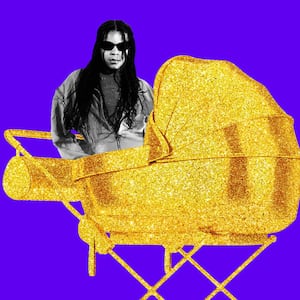An illustration including Blue Ivy and a Golden Stroller