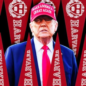 A photo illustration of President Trump in a MAGA hat surrounded by Harvard pennants.