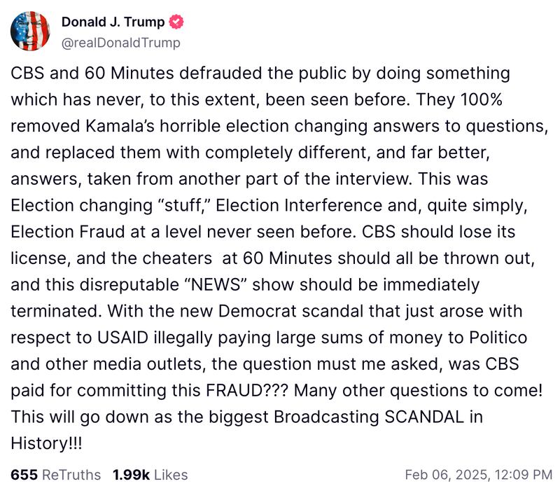 A Truth Social post by Donald Trump.