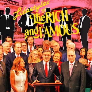 A photo illustration of Republican lawmakers in front of a mansion with silhouettes of business people.