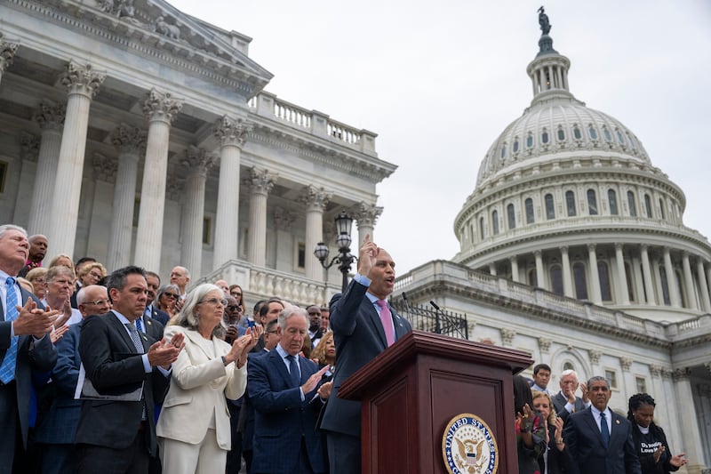 House Minority Leader Hakeem Jeffries speaks during a press conference on the steps of the U.S. Capitol on July 2 after the Senate passed the "Big Beautiful Bill Act" on Tuesday.
