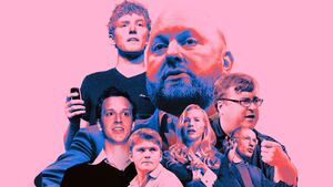 A photo illustration that shows Michael Moritz, Reid Hoffman, Marc Andreessen, Patrick and John Collison, Laurene Powell Jobs, and Nat Friedman
