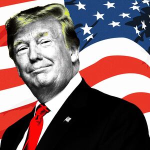 An illustration that includes a photo of Former United States President Donald Trump and the American Flag